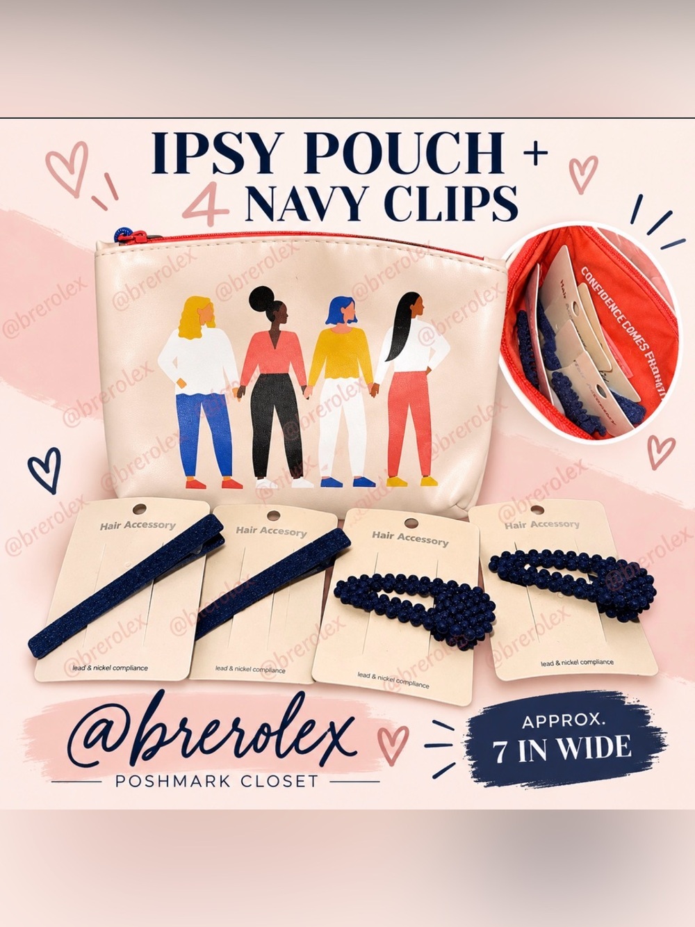 IPSY Cosmetic Pouch + 4 Navy Textured Hair Clips | 5 Piece Bundle
